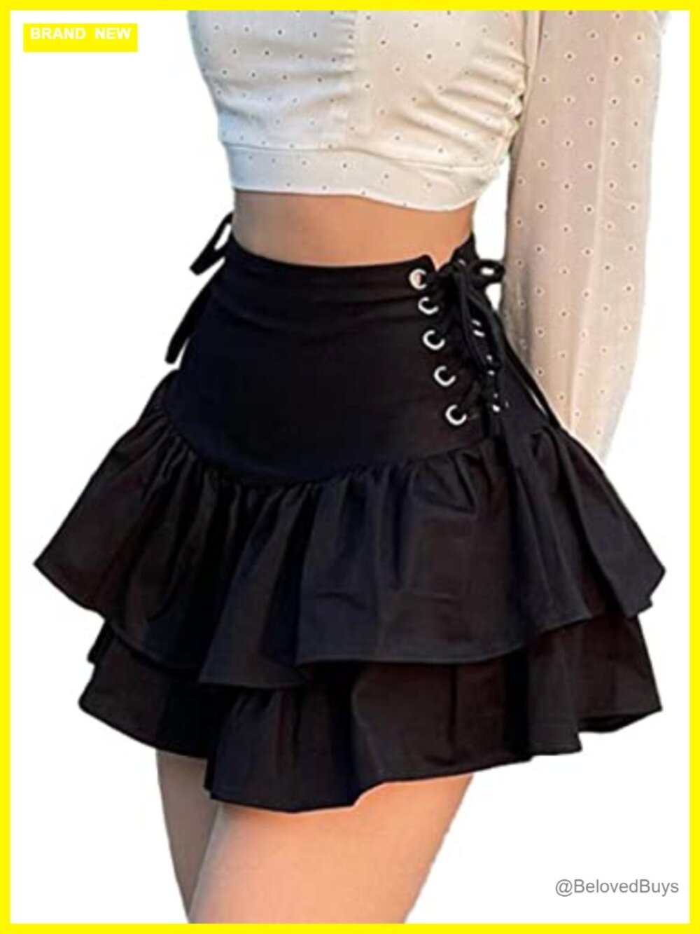 Women's Gothic Layered Ruffles Mini Skirt Lace-Up High Waisted A-Line